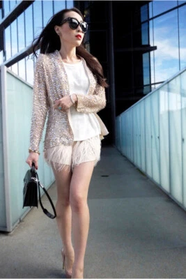 A976 ZARA KIMONO EMBROIDERED SEQUINS BEIGE BLAZER COAT JACKET SMALL - S