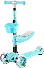 Children's Three-Wheeled Scooter with LED Illuminated Wheels, Foldable and rotatable seat, with a Load of up to 100 kg, Suitable for Children Over 3 Years Old(Green 3cm Flashing Wheel + seat)