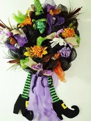 Halloween Scary Witch 24" Diameter Deco Mesh Wreath 20 Long Legs Ribbon FREE $25