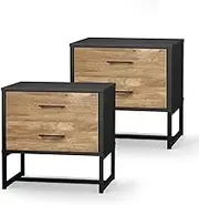 Oikiture Bedside Table Storage Nightstand — Contemporary Natural Wood Bedside Table with 2 Drawers and Metal Base