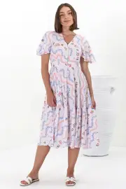 Odette Midi Dress - Flutter Cap Sleeve Button Waist A Line Dress in Annabelle Print