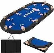 Costway 209 x 107 cm 10-Player Foldable Padded Poker Table Top, Portable Triple-Fold Blackjack Board Game Mat w/Carrying Bag, Cup Holders, Texas Hold’em Poker Card Tabletop Layout (Blue)