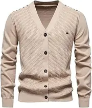 [Generic] Men's V-Neck Plus Ribbed Cut Knit Cardigan Solid Color Casual Slim Fit Sweater Cardigan