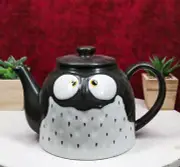 Whimsical Fat Black Owl Ceramic 52oz Large Tea Pot With Built In Strainer Spout