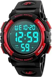 [TONSHEN] LED Digital Sport Watch for Men Waterproof Military 12H/24H Time Outdoor Electronic Large Numbers Army Watch Plastic Case with Rubber Strap Stopwatch Date Alarm Backlight - Red