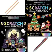 SuyuanArt Halloween Christmas Double Sided Design Color Scratch Rainbow Art Paper Set for Kids,Boys Scratch Off Magic Drawing Crafts Wooden Stick Stylus Party Favors