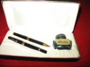 HERLITZ BUGATTI FOUNTAIN PEN & BALL POINT PEN SET WITH CASE,INK WELL BLUE INKS,