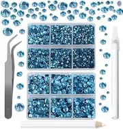 QOGIR 6300pcs Aquamarine Hotfix Rhinestones for Crafts Clothes DIY with Tweezers and 2 Picking Pens Mixed Size Flatback Rhinestone