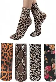 [CAIRF] 4 Pairs Women's Leopard Snake Print Vintage Floral Print Short Stockings, Ultra Thin Breathable Anti-Hook Short Socks, Sexy High Elasticity Colourful Socks, multicoloured, 35-41