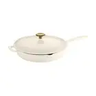 Enameled Cast Iron Skillet with Lid, 12-inch Frying Pan, Latte with Gold Knob