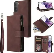 [QLTYPRI] Case for Samsung Galaxy A13 4G/A13 5G/A04S, Large Capacity Leather Wallet Case 6 Card Holder & 1 Zipper Pocket Kickstand Wrist Strap Magnetic Protective Cover for Galaxy A13/A04S - Coffee
