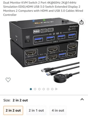 NEW Dual Monitor KVM Switch 2 Port 4K@60Hz 2K@144Hz 2 In 2 Out