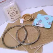Lot of 9 Needlework Supplies Metal Spring Wood Hoops Cotton Burlap Fabric Canvas