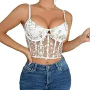 [generic] Lace Streetwear Push Up Bustier Sexy Women Mesh Underbust Corset Flower Embroidery Fishbone Lingerie Crop Tops