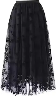 [Wedhapy] Long Skirts for Women, A-Line Elastic Layered Mesh Pleated Skirt with Floral Print, Ideal for Party, Daily Outfit Black