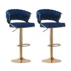 2x Height Blue Velvet Padded Golden Round Base Barstools Chairs