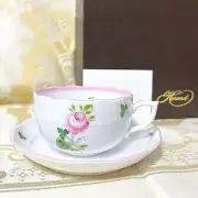 HEREND VIENNA ROSE VRH TEA CUP AND SAUCER Pink Edge Porcelain Biedermeier New