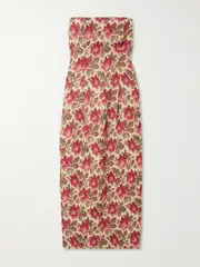 [Posse] Posse - Rosalie Strapless Pintucked Floral-print Linen Midi Dress - Red - x small x small Red