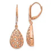 14k Rose Gold Real Diamond Honeycomb Leverback Earrings