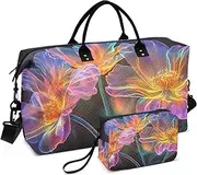 [ZRYSMY] Transparent Florals Black Duffel Bag for Traveling, Travel Bag Gym Bag, with Multiple Interior Pockets Shoulder Weekender Bag for Women Men with Toiletry Bag 20.5L x 1.9W x 13.8H