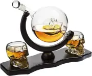 Skull Wine & Whiskey Globe Decanter Set - 850 mL With 2 Skull Shot Glasses NEW