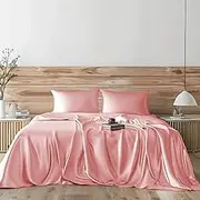 Candoury Satin Sheets Queen Bed Set 4 Pcs, Soft and Durable Pillowcase, Flat Sheet and Fitted Sheet, Hotel Luxury Silky Satin Sheets Set(Queen, Blush)