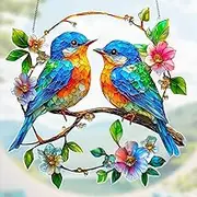 BSITSSS Garden Suncatche Robin, Sun Catcher Robin on Branch, Couple Bird Hanging Garden Ornaments for Window Home Outdoor Wall Fence Decorations