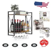 Rustic Brown Wall-Mounted Wine Rack with 5 Rows for Glasses - Perfect for Home