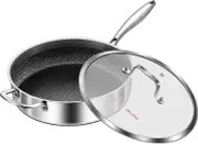 Tri-Ply Stainless Steel 12 Inch Deep Frying Pan with Lid 6QT Saute Pan Nonstick,