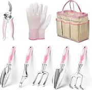 Garden Tools, 8 Piece Gardening Tools with Bag, Heavy Duty Stainless Steel Garden Tools Set, Outdoor Hand Tools, Ideal Garden Tool Kit Gifts for Women Pink.