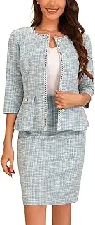 [Allegra K] Women's 2 Piece Tweed Business Suit Button Down 3/4 Sleeve Jacket Pencil Skirt Elegant Skirt Set