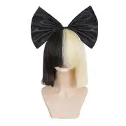 Short Ombre For Women Straight SIA Cosplay Black Blonde Bob Wigs With Bangs Synthetic False Hair Wig and black Bigbow 14 Inch