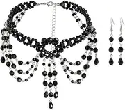 [Rumtock] Black Pearl Beads Tassels Necklace with Earrings Women Girls Halloween Gothic Jewelry Set Choker with Dangle Drop, Metal, No Gemstone
