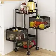Rotating Kitchen Storage Shelf, Fruit Vegetable Basket Organizer Floor-Standing Vertical Shelving with Wheels for Kitchen Bathroom Living Room (Color : Black, Size : 28x28x65CM)