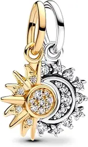 [PANDORA] Moments 763585C01 Divisible Sun & Moon Charm Pendant Made of Sterling Silver with Gold-Plated Metal Alloy and Cubic Zirconia, Compatible Moments and ME Bracelets, Klar, Sterling Silver, Cubic