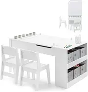HONEY JOY Kids Table and Chairs Set, 3-Pieces Wooden Activity Desk Chairs Set w/Paper Roll, 6 Storage Canvas Bins, 4 Paint Cups, Children Table and 2 Chairs for Drawing Painting Writing, White