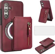 [Asuwish] Compatible with Magsafe for Samsung Galaxy A35 5G Wallet Case and Screen Protector PU Leather Slim Zipper Detachable Stand Credit Card Holder Slot Cell Cover A 35 35A A355G SM-A356U A356E Red