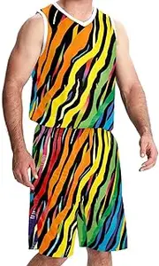 [KQNZT] Basketball Jersey for Men, Outfit Tank Top Track Shorts, Men's Athletic Basketball Jerseys, Rainbow Zebra Pattern Modern