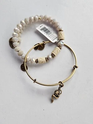 Alex and Ani 2 Pc Set Bracelet Charm Gold Tone Golden Snake Beaded Wrap
