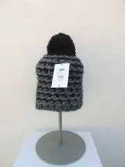 UGG BLACK MULTI WOOL/ ALPACA KNIT YARN POM BEANIE HAT, WOMEN ONE SIZE ~NWT