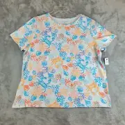 Talbots Plus Top Women 2X White Dynamic Coral Crew Neck Short Sleeve Coastal NEW