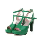 Women's PU Leather Block High Heels Peep Toe Platform Slingback Strap Sandals