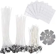 Candle Making Kit - 150Pcs Low Smoke Natural Candle Wicks (10cm/4in,15cm/6in and 20cm/8in) with 150Pcs Double-Sided Dots Wick Stickers and 4Pcs Wick Holder Sustainer for DIY Candles