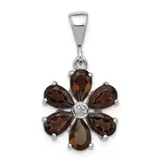 Sterling Silver Rhodium Smoky Qtz u0026 Diamond Flower Pendant