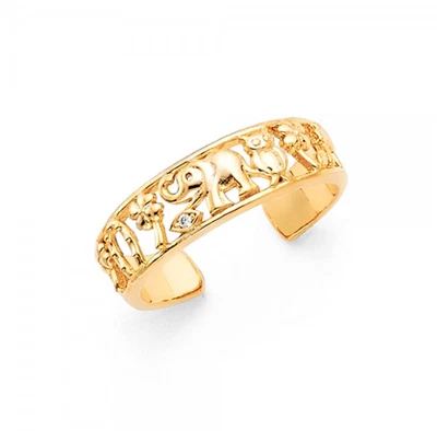 14K Solid Yellow Gold CZ Clover Owl Elephant Toe Ring Adjustable -Good Luck Band