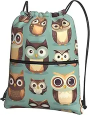 EdWal Animal Cartoon Owls Cute Print Drawstring Backpack Gym Bags Sports Bags With Zipper Pocket For Travel Beach, Black, One Size