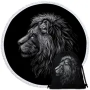 Black and White Handsome Lion Round Beach Towel