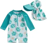 Pybcvrrd Toddler Baby Boy Swimsuit Shell Star Print Zipper Swimwear Long Sleeve Beachwear Bathing Suit Hat Summer Rash Guard