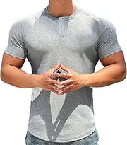 [TrndTrsure] Mens Mock Turtleneck Short Sleeve Muscle Round Neck Casual T Shirt Athletic Bodybuilding Cotton T-Shirts, Grey, Medium