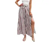 Women Long Pants Wide Leg High Waist Pants Thigh Split Tie Knot Trousers Summer Casual Trousers Red White Strip L